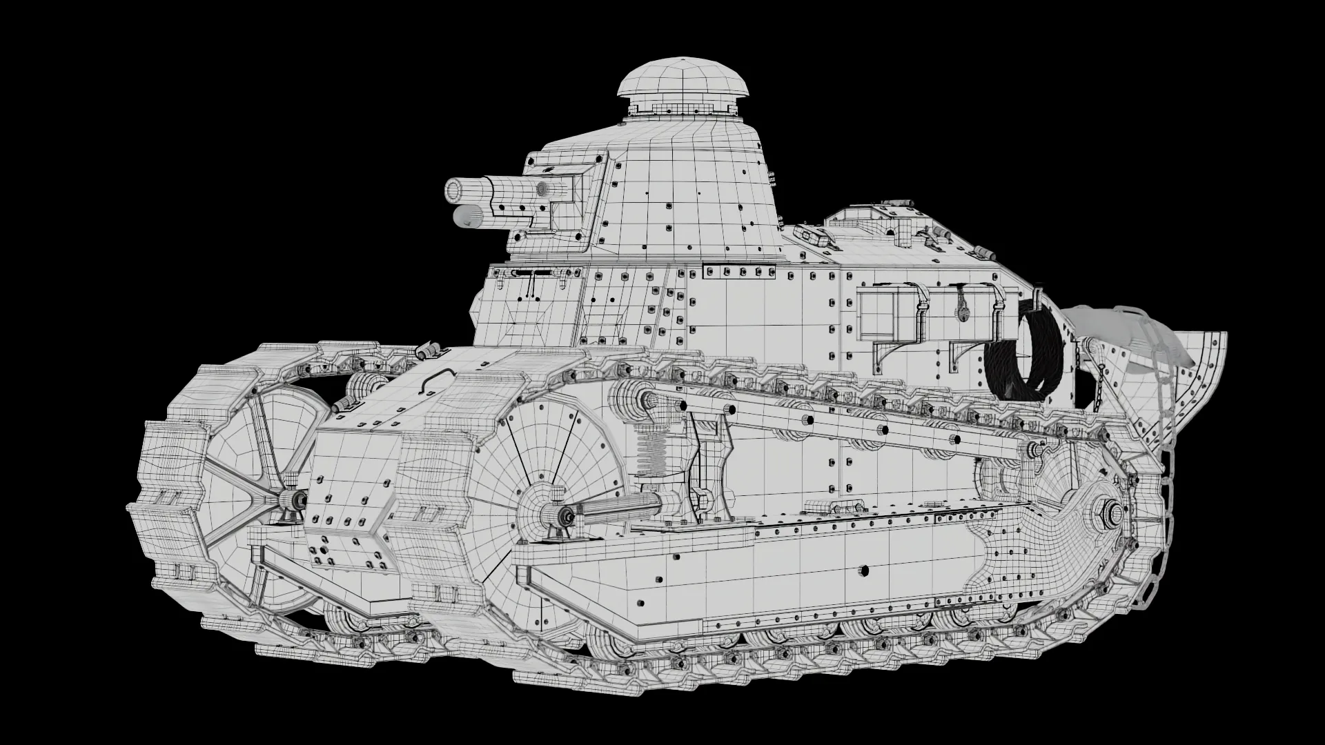Left side of Renault FT Tank with wireframe shading