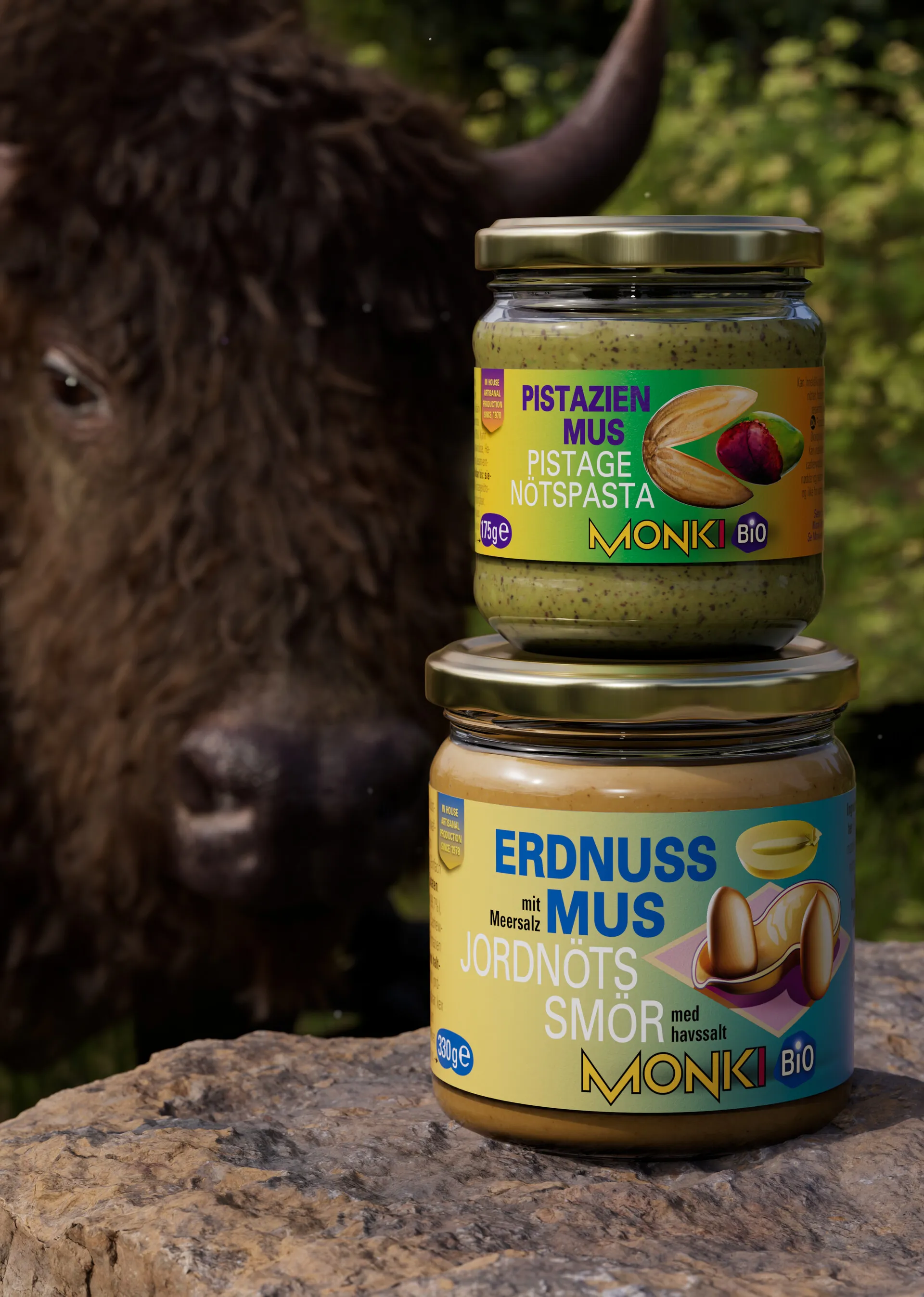 Beauty shot of Monki BIO products in front of a buffalo