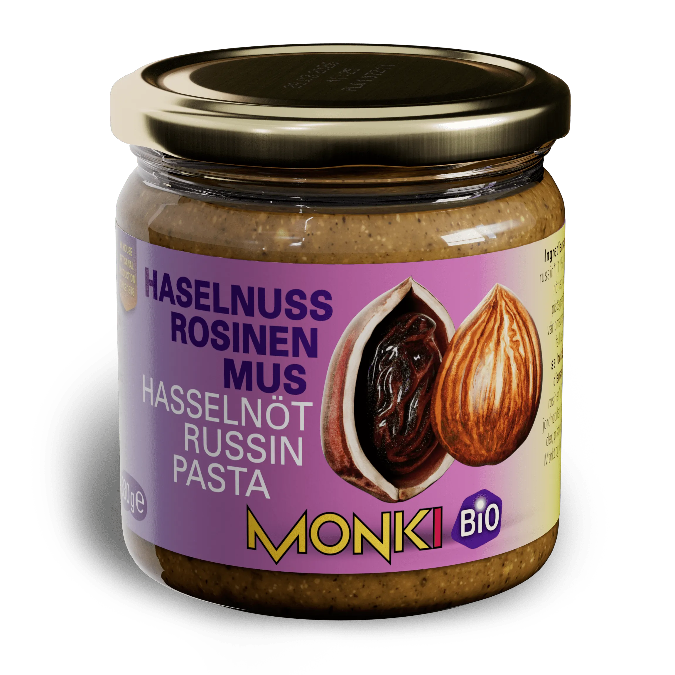 MONKI BIO Hazelnut butter with raisins label